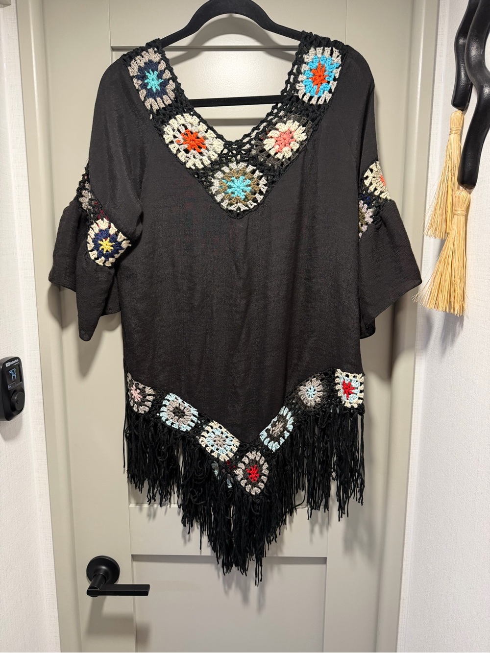 Boho Crochet Accent Black Fringe Women's Top